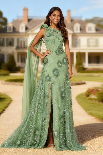 One Shoulder A Line Eucalyptus Prom Dress with Appliques